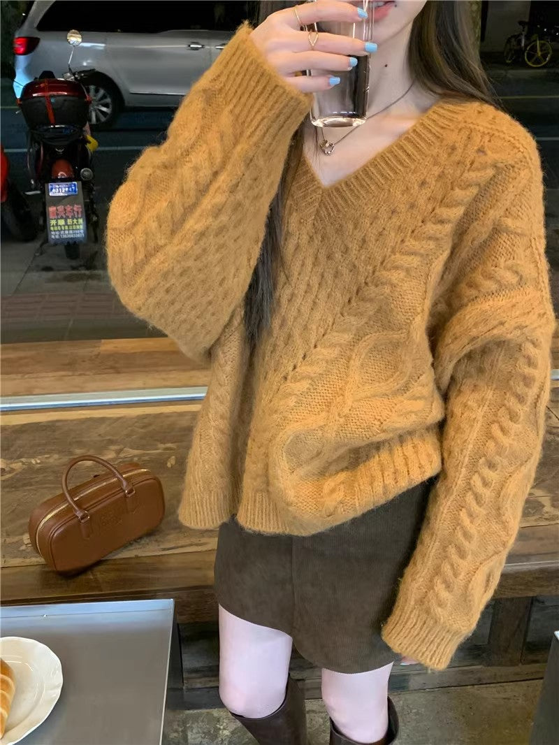 chic soft knitted casual V-neck long-sleeved knitted sweater S4755