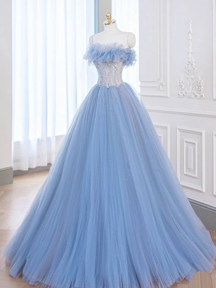 A-Line Blue Tulle Lace Long Prom Dress, Blue Tulle Lace Formal Dress S4148