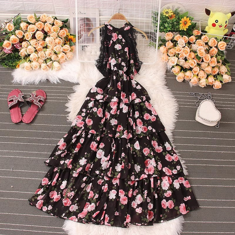 Seaside vacation beach dress, bohemian long skirt, summer new sleeveless lace floral cake skirt S5042