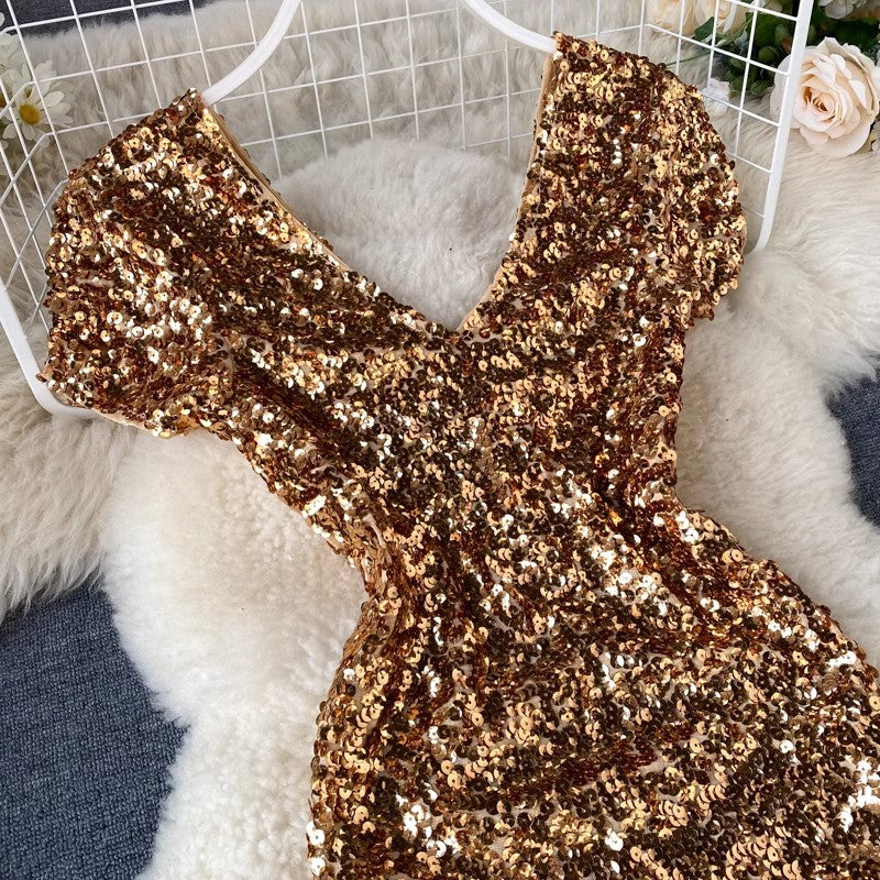 Sparkling sequin skirt new sexy V-neck backless pleated short-sleeved dress for women S4665