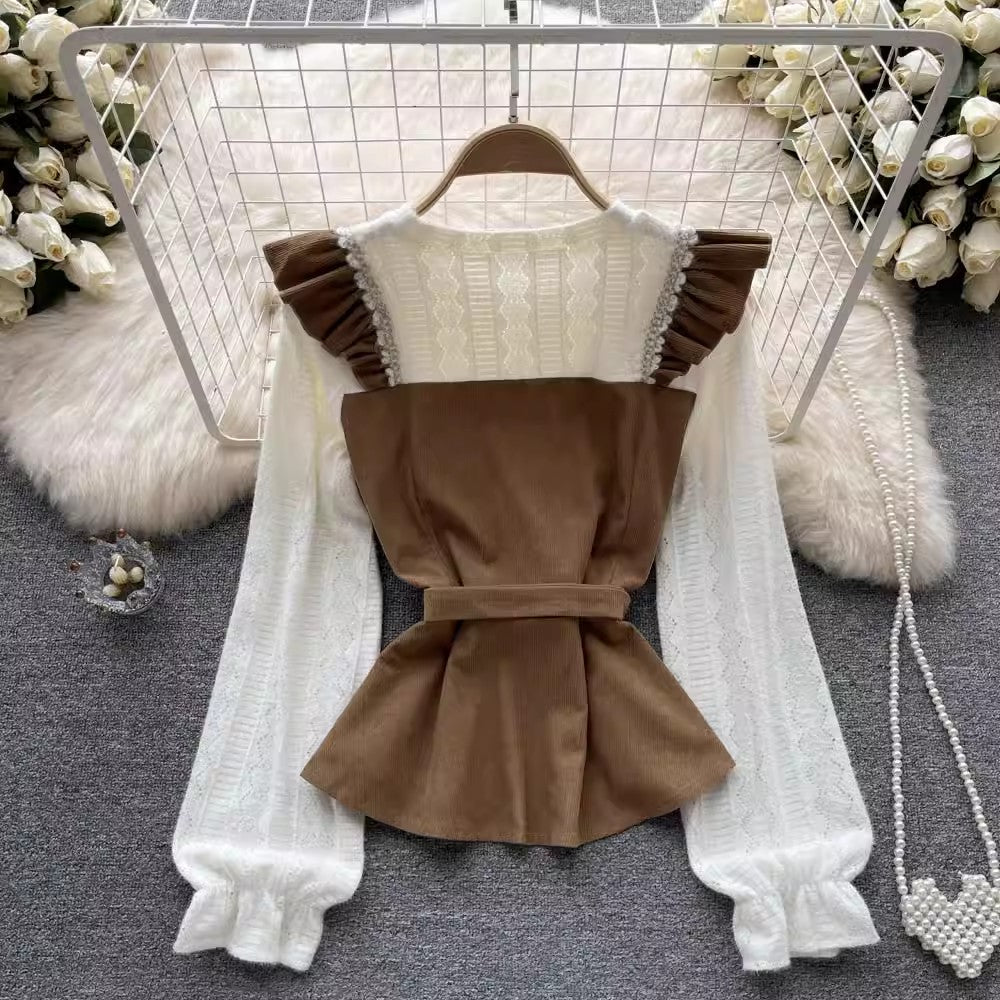 lace shirt women's long-sleeved ruffled sweet shirt trendy S4644