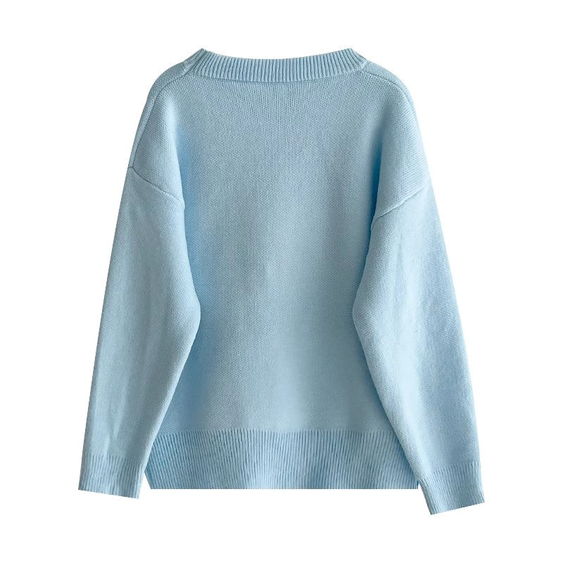 Sweet cute cat embroidery round neck casual long-sleeved sweater S4787