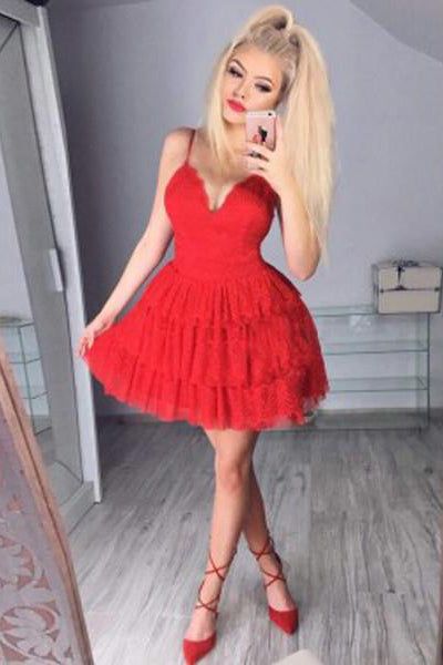 Sexy A Line Spaghetti Straps V Neck Red Tiered Lace Short Prom Dresses S3001