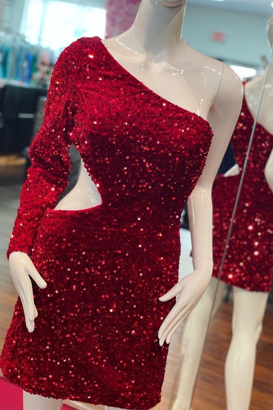 Sexy One Shoulder Long Sleeve Red Sequin Party Dress S3152