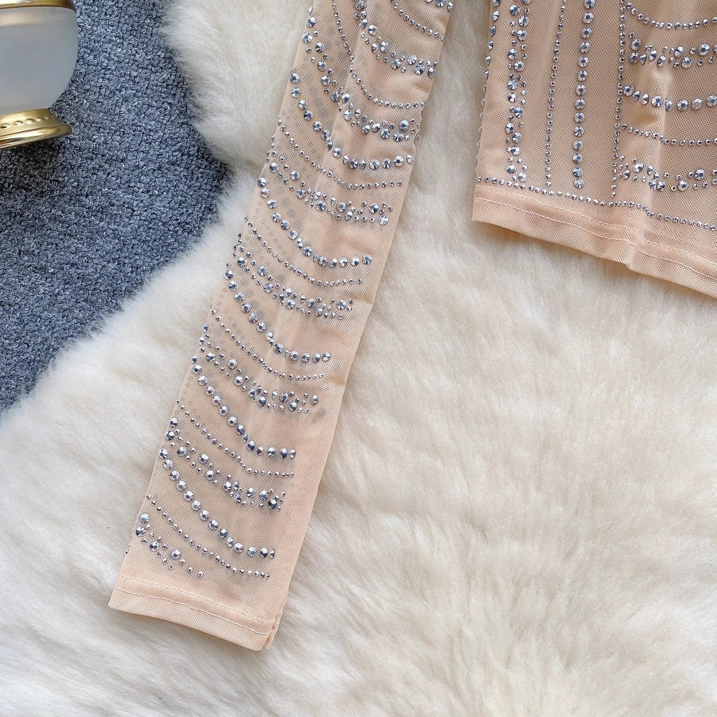 long-sleeved T-shirt women's diamond mesh design top S4496