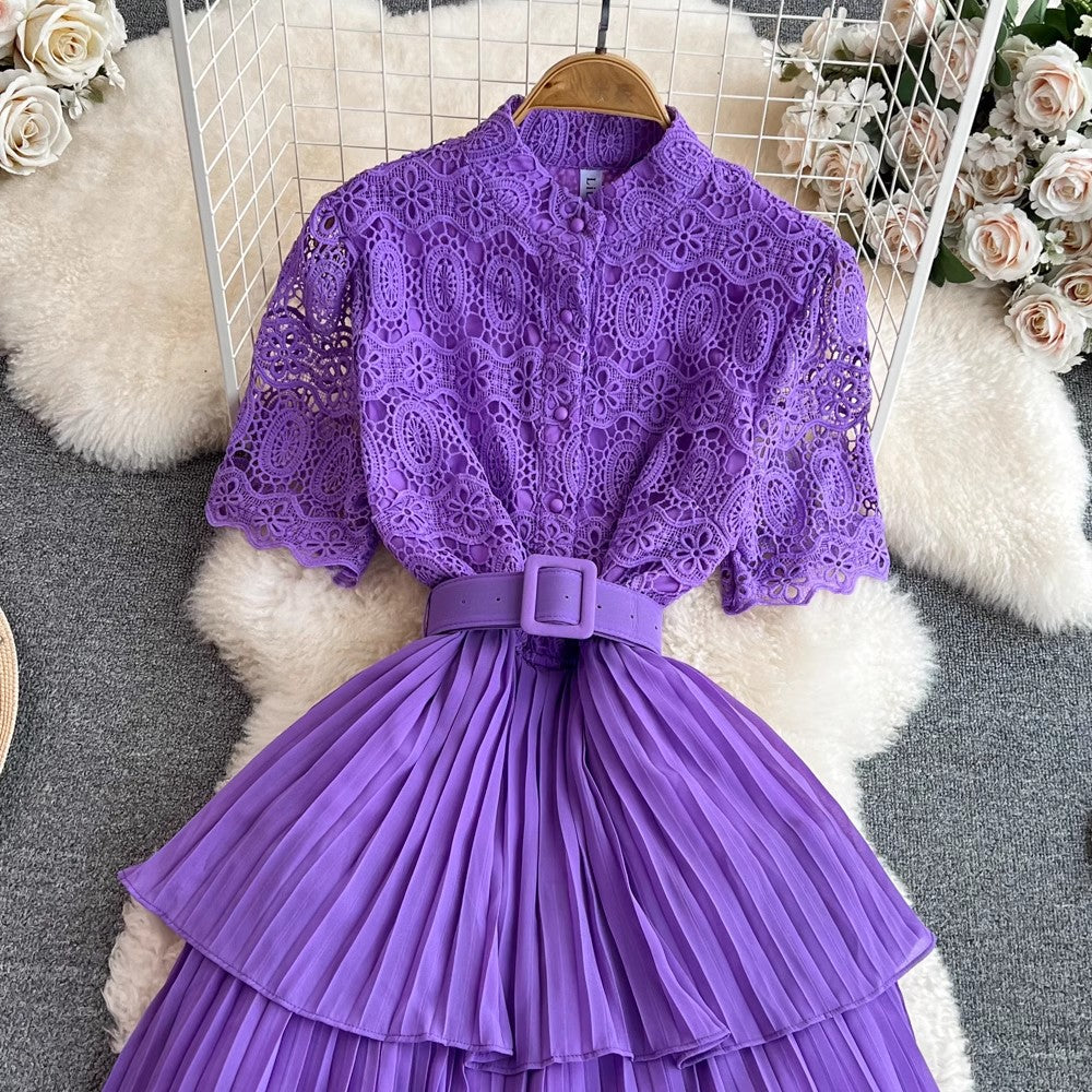 short-sleeved lace A-line pleated cake dress S4073