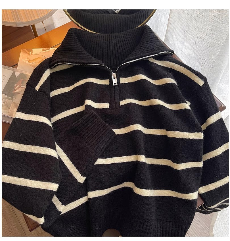 New striped sweater for women chic half zipper knitted top S4885