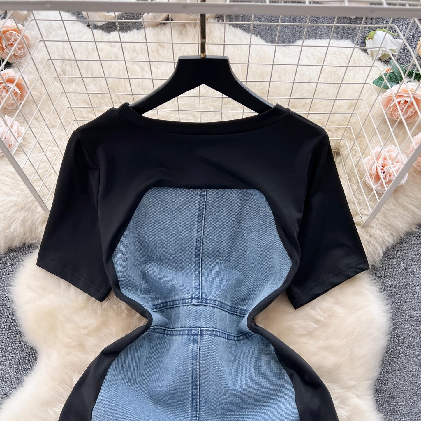 French retro short-sleeved denim dress women's chic casual long skirt S4531