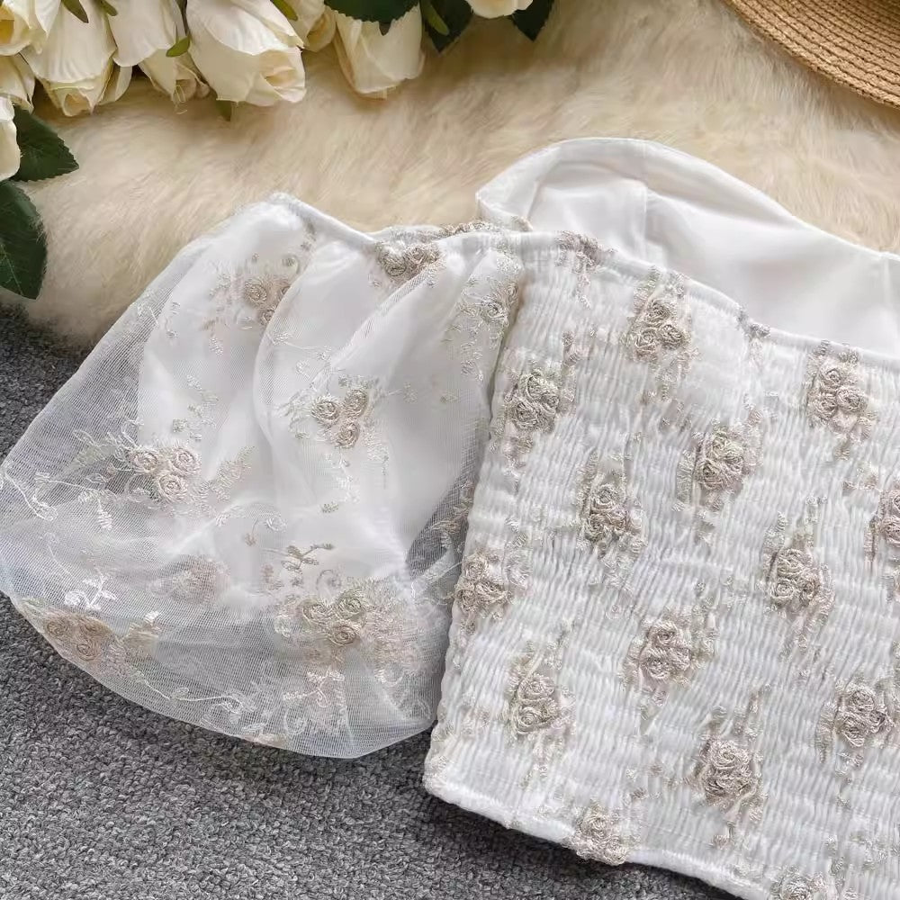 embroidered tube top for women off-shoulder short puff-sleeved chic top S4617