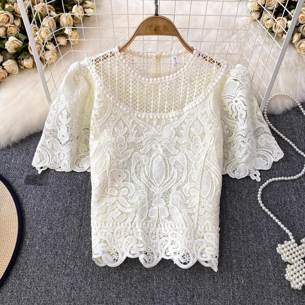 short-sleeved round neck lace shirt for women S4043