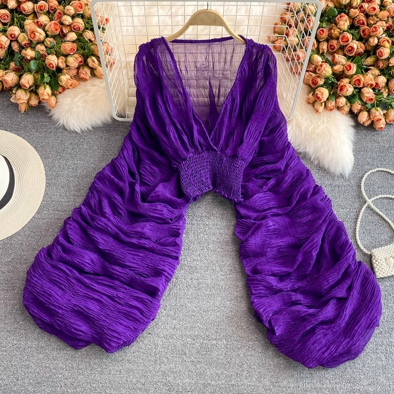 deep V-neck lantern sleeve chiffon short top S4028