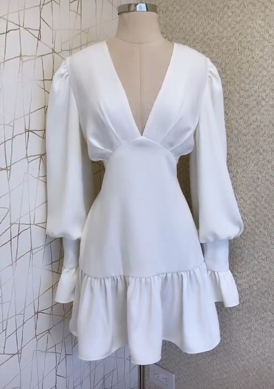 White V neck Long Sleeves Homecoming Dress S2994