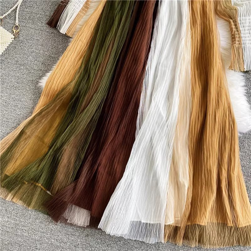 Mesh Dress with Lantern Sleeves POLO Neckline Long Skirt S4001