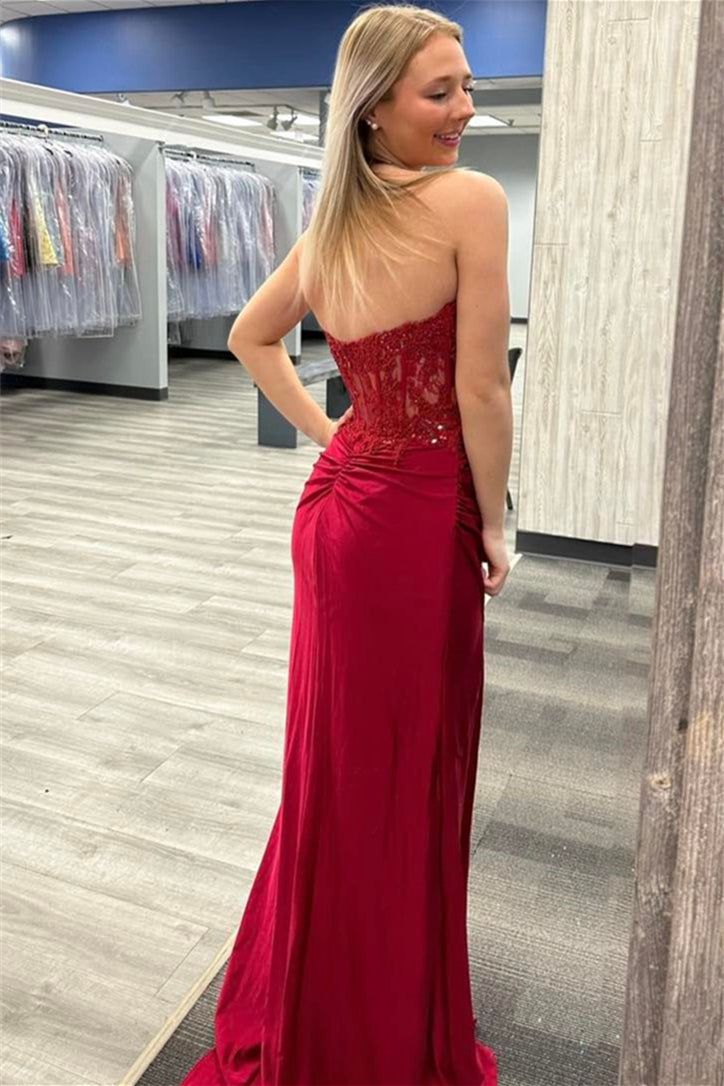 Wine Red Strapless Mermaid Appliques Long Prom Dress with Slit S3875