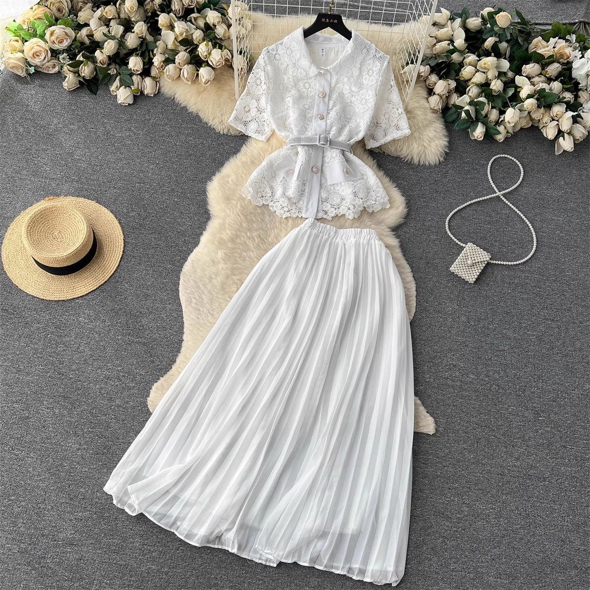suit for women fashionable short-sleeved pleated skirt two-piece trendy set S4655
