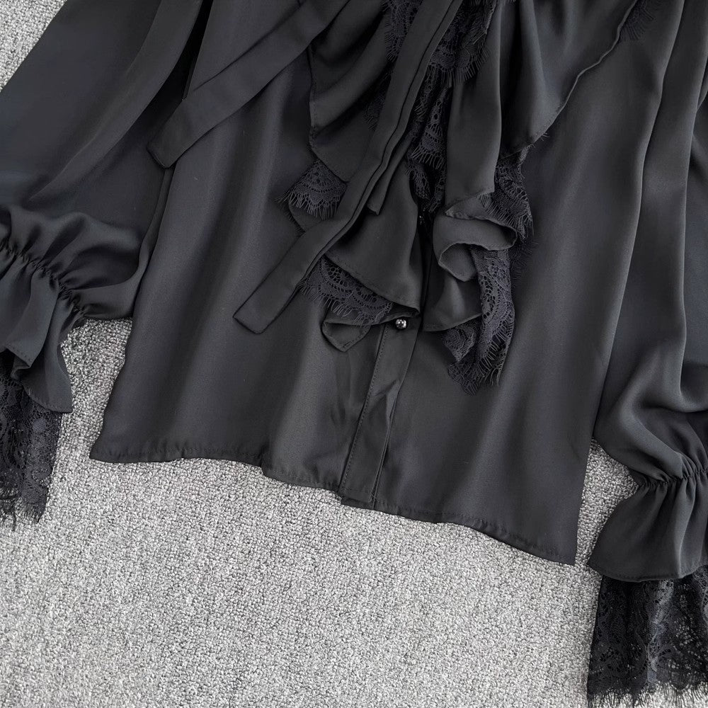 Lace Bell Sleeves Bow Tie Shirt Women's Fashionable Top S4088