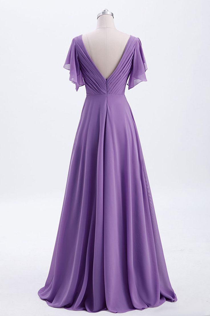 Flutter Sleeves Lavender Chiffon A-line Long Bridesmaid Dress S3493