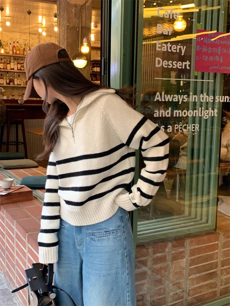 Simple POLO collar striped sweater S4789
