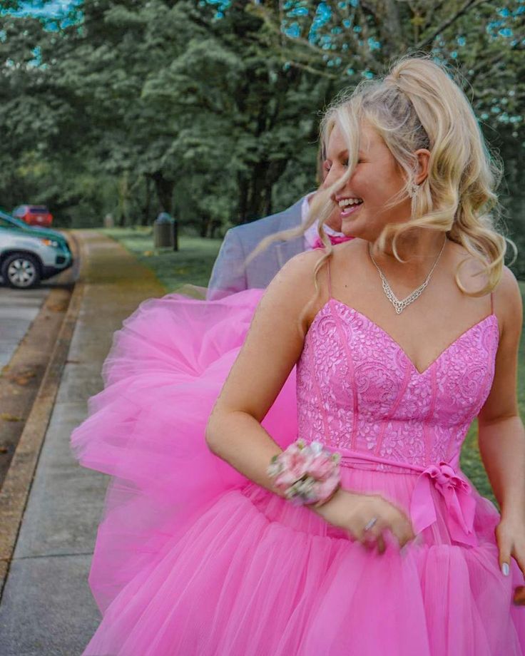 High Low Hot Pink Tiered Prom Dress with Spaghetti Straps,Elegant Graduation Dresses S3358
