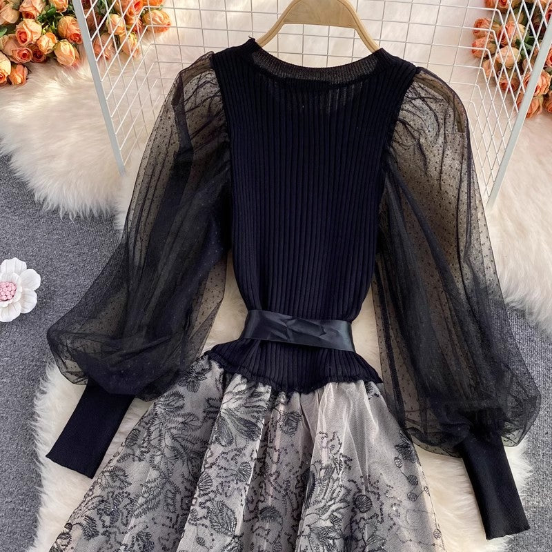 Fashionable Elegant Knitted Puff Sleeve Round Neck Dress S4172