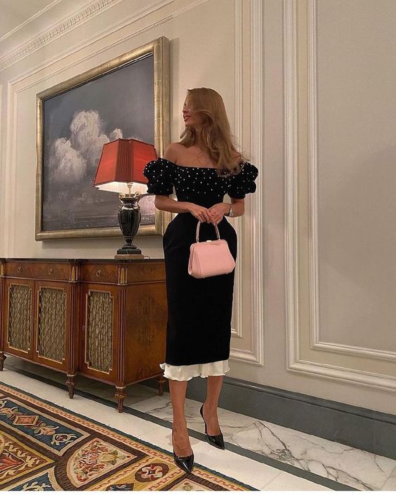 Party Dresses Off the Shoulder Short Sleeves Pearls Midi Prom Gowns Tea Length Women Formal Dress S2720