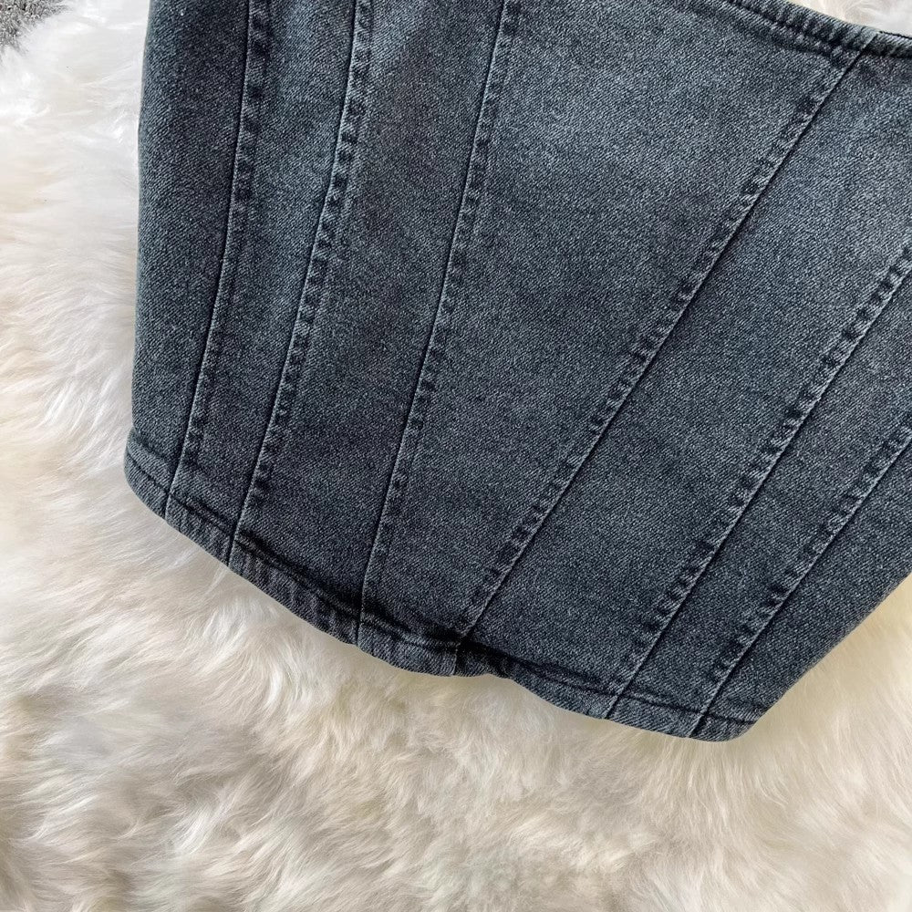 short denim women's outer wear zipper backless top S4049