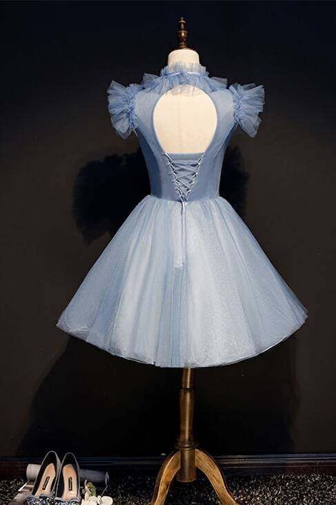 High Neck Short Blue Tulle and Lace Appliques Party Dress S3289