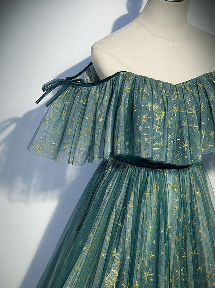 green A line tulle Star tulle long prom dress green formal party dress S3206