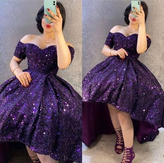 A line Purple High Low Off The Shoulder Sequin Prom Dress S3670