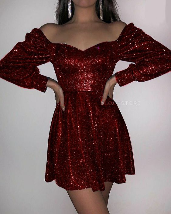 Red Sequin Off shoulder Short Homecoming Dress S3310