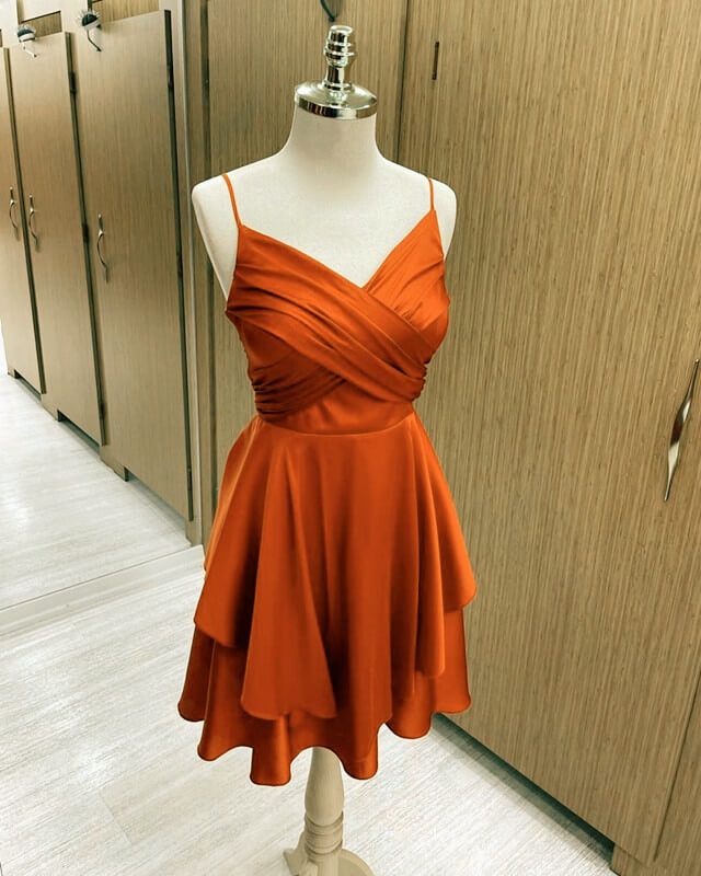 Short Burnt Orange Satin Homecoming Dresses V-neckS S2658
