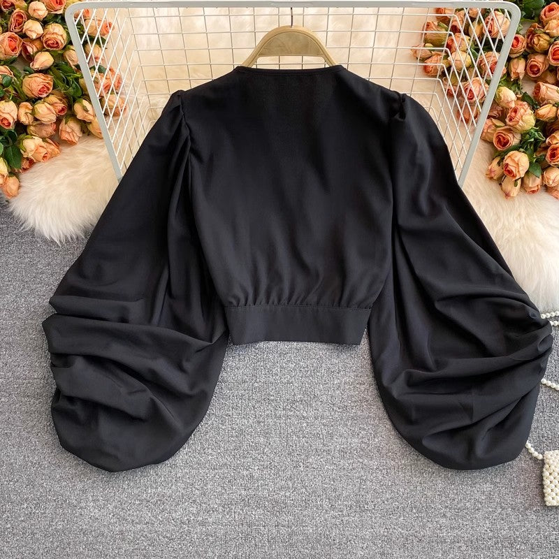 V-neck lantern sleeves solid color casual tops for women S4111