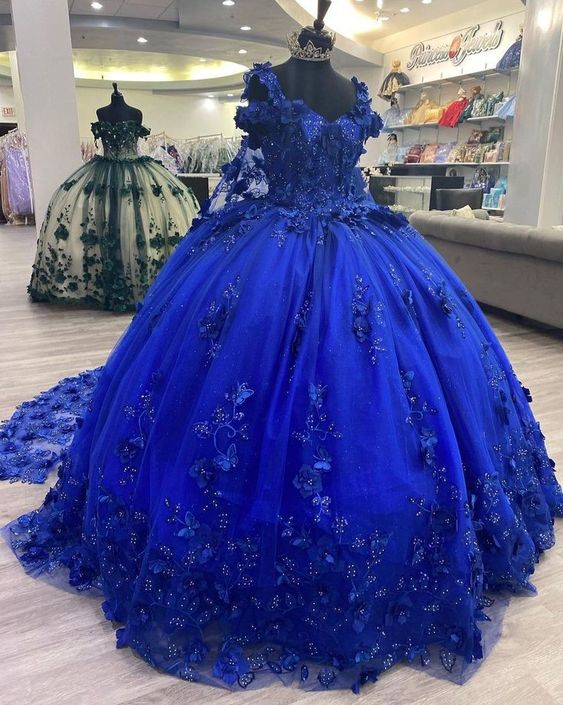 Royal Blue A-Line Ball Gown Long Prom Dresses, Blue Evening Dresses S3354