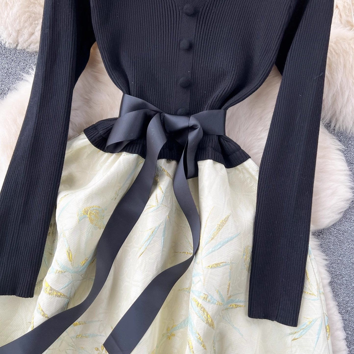 French style luxury dress for women knitted splicing jacquard fluffy dress S4510