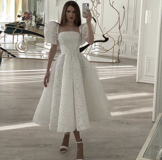 Vintage Tea Length Lace Wedding Dress A Line 2021 Off Shoulder Puff Short Sleeve Bridal Gowns S3238