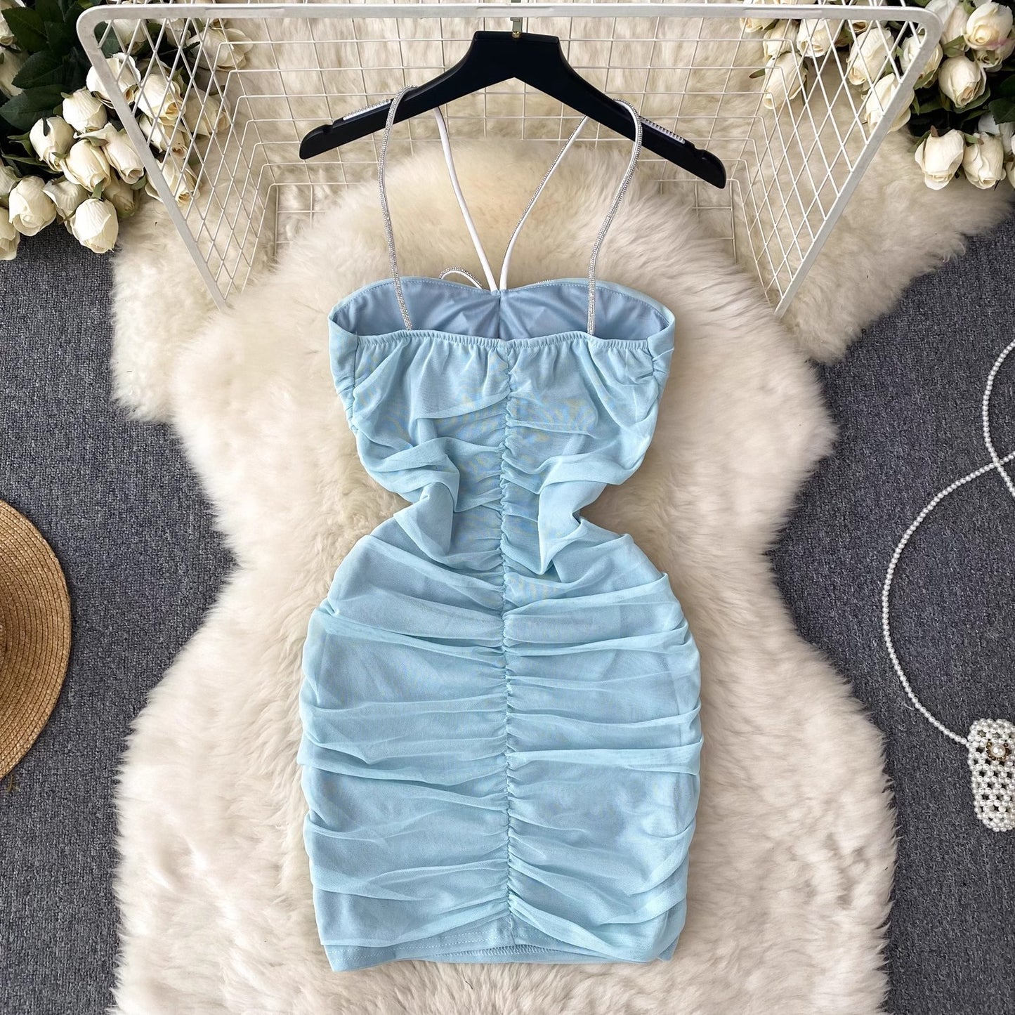 tube top halter neck suspender dress pleated tight short skirt S4634