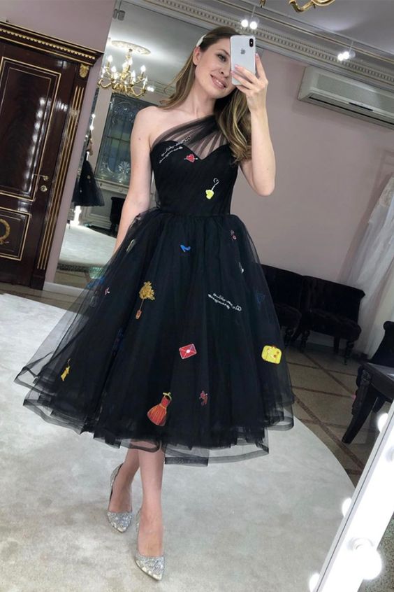 Black tulle tea length prom dress, formal dress S3272