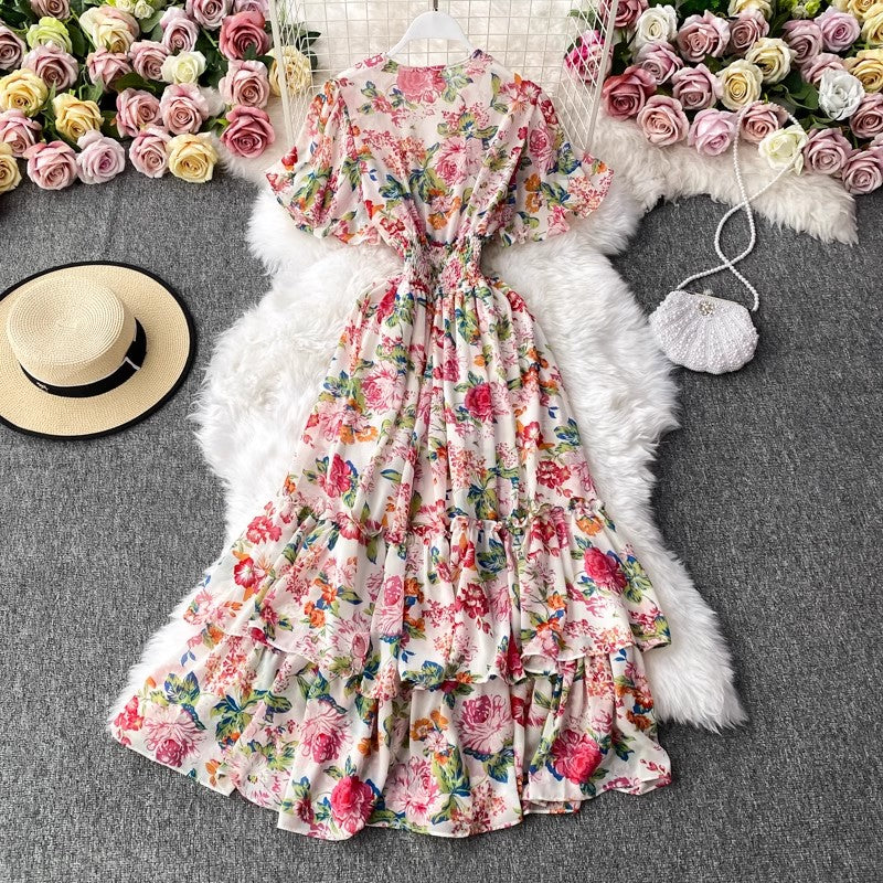 V-neck floral dress bohemian long skirt S4179