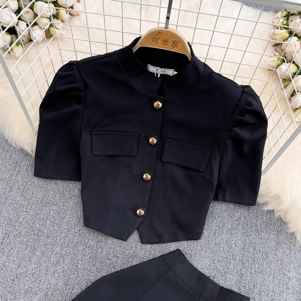 Fashion suit for ladies puff-sleeved short top two-piece set S4226