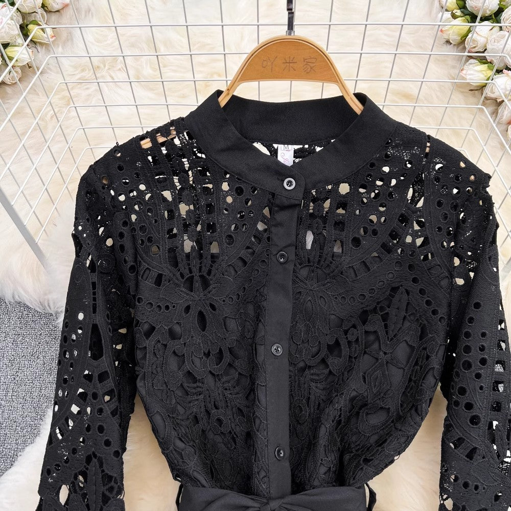 fashionable long-sleeved lace dress elegant long skirt S4069