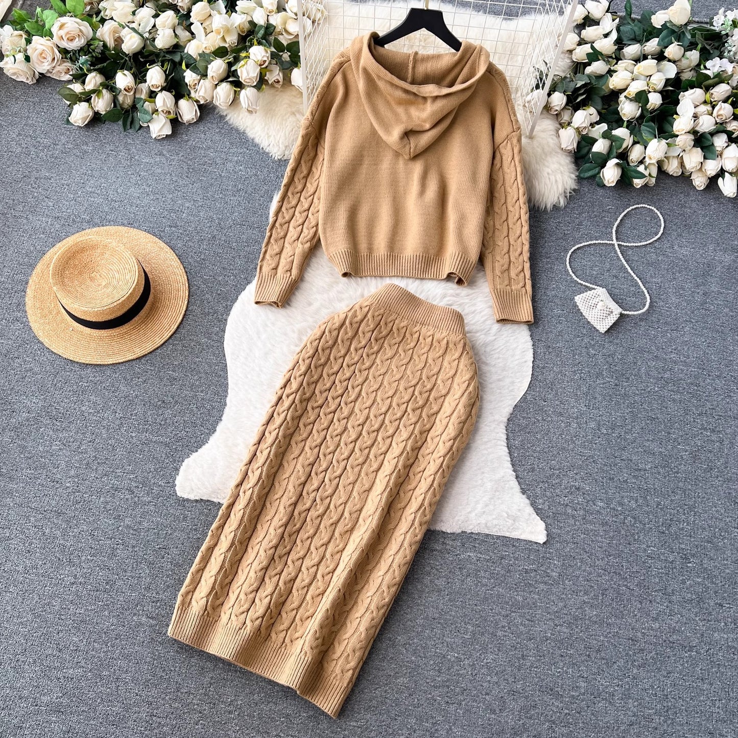 sweater suit for women casual top, mid-length skirt, knitted two-piece skirt S4629