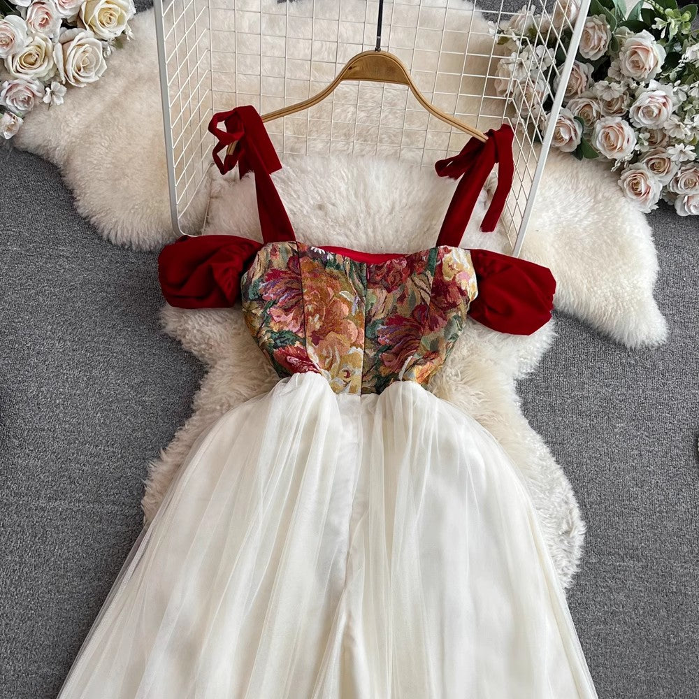 red dress long skirt a-line mesh dress S4346