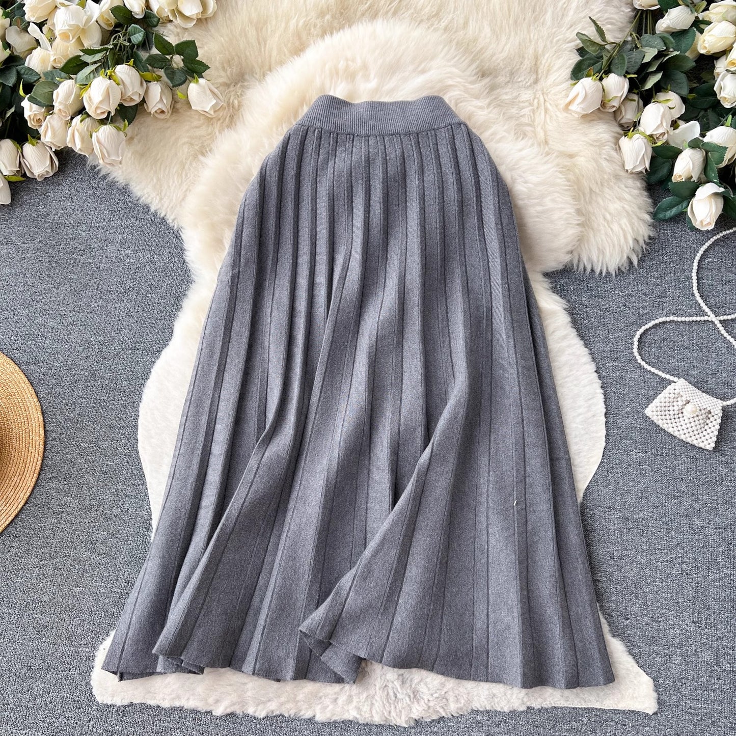 Knitted skirt for women mid-length skirt  pleated skirt    S4636