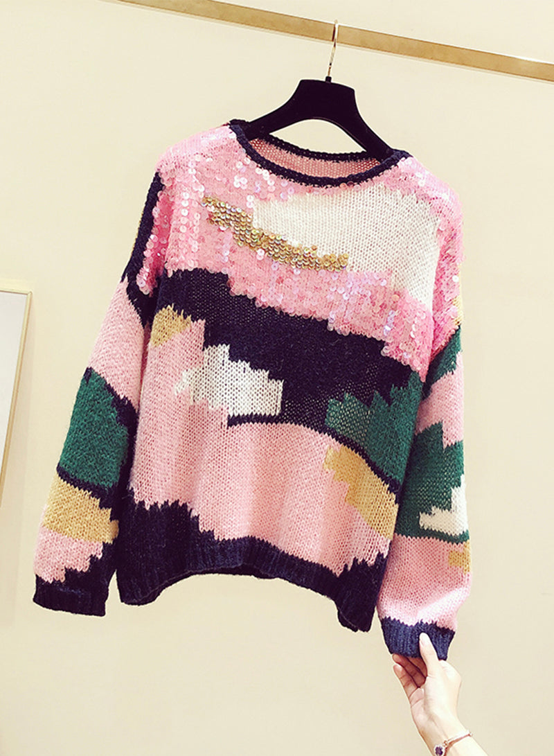 Cute Colorful Long Sleeve Sweater Round Neck Sequins Sweater S4371