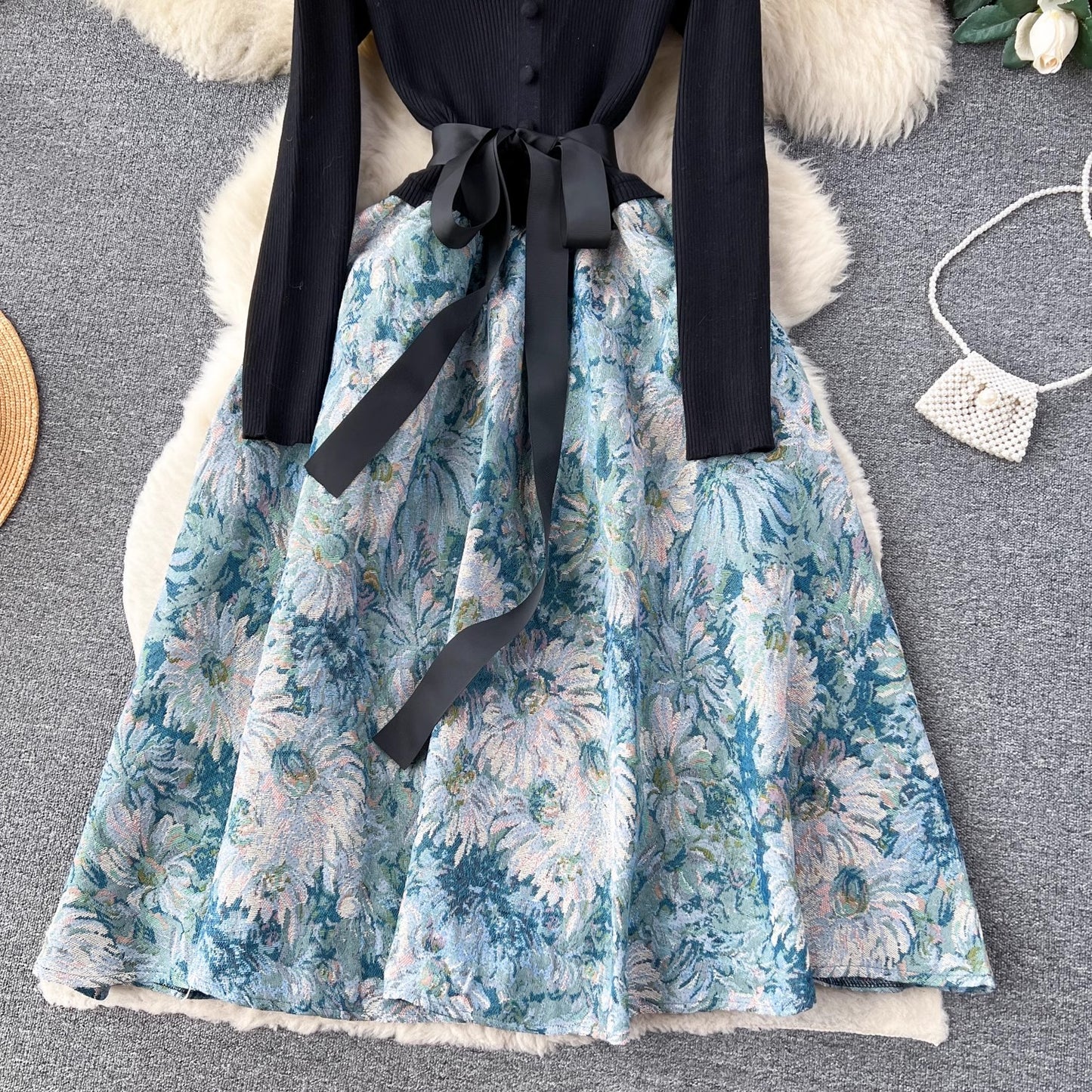 knitted splicing jacquard dress for women S4544