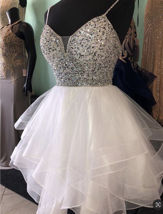 A Line Spaghetti Straps White Beaded Prom Dresses S3009