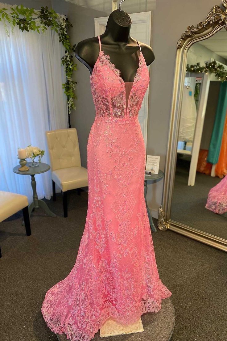 Pink Floral Lace Plunge V Mermaid Long Formal Dress S2676