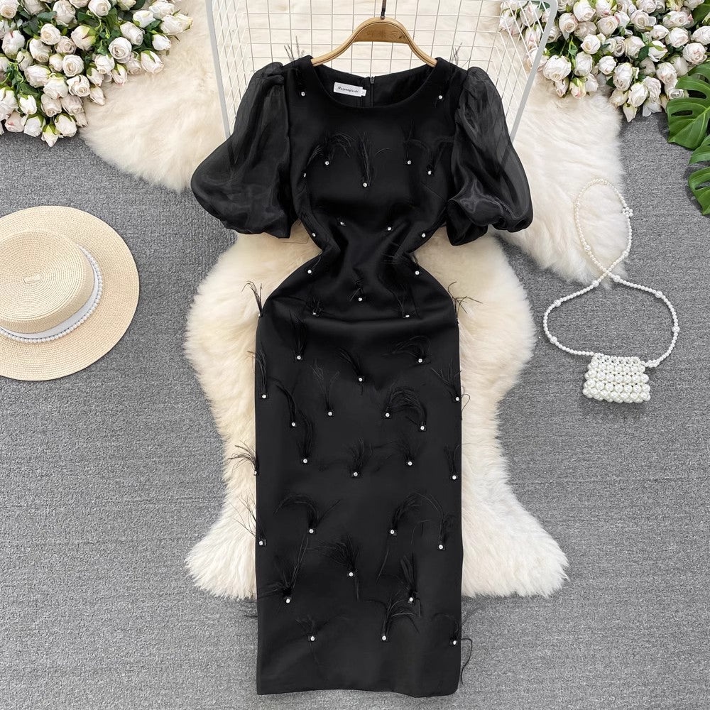 puff sleeves round neck mid-length tassel dress S4086
