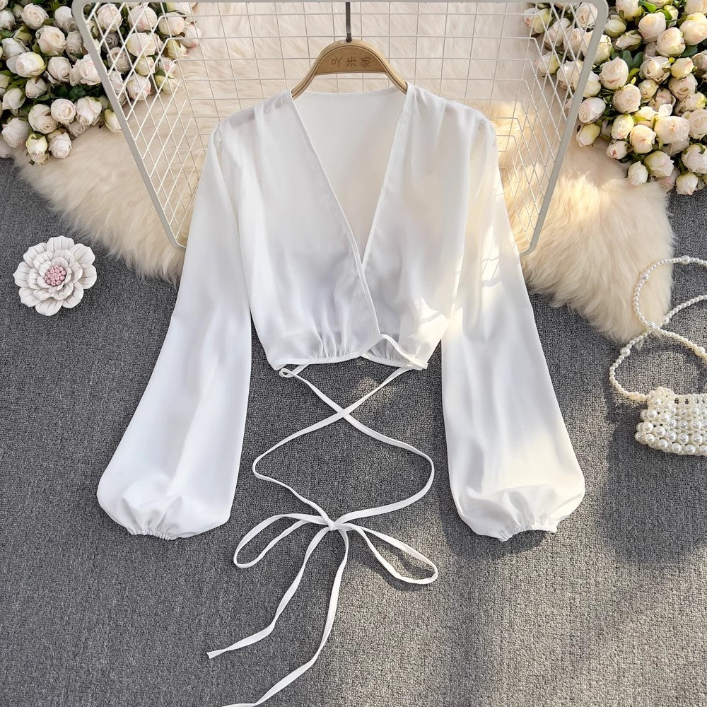 Deep V Neck Puff Sleeve Shirt Women's Fashionable and Chic Short Top S4225