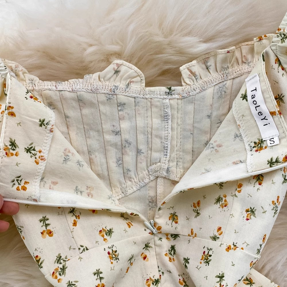 Floral Skirt Square Neck Puff Short Sleeve Chic A-Line Dress S3959